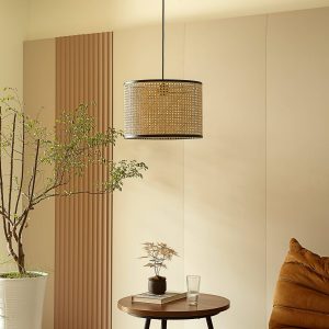 Lindby Yaelle hængelampe, metal, rattan, Ø 40 cm