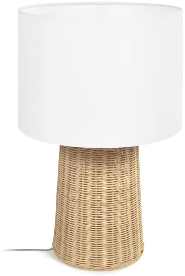 Bordlampe Kave Home Kimjit rustik kolonial rattan med hvid stofskærm H51 Ø33 cm