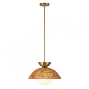 PERTH Loftlampe i stål, opalglas og rattan Ø37,5 cm 1 x E27 - Børstet guld/Opalhvid/Natur
