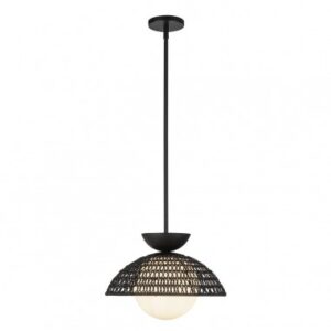 PERTH Loftlampe i stål, opalglas og rattan Ø37,5 cm 1 x E27 - Mat sort/Opalhvid/Sort