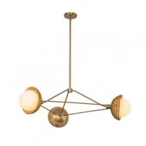 PERTH Lysekrone i stål, rattan og opalglas Ø101,4 cm 3 x E14 - Børstet guld/Opalhvid/Natur