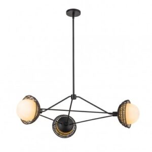 PERTH Lysekrone i stål, rattan og opalglas Ø101,4 cm 3 x E14 - Mat sort/Opalhvid/Sort
