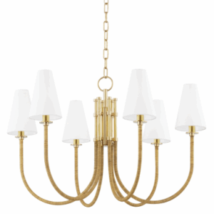 RIPLEY Lysekrone i stål, rattan og linned Ø80 cm 6 x E14 - Aldret messing/Natur/Hvid