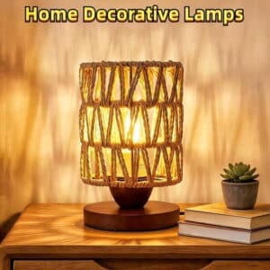 BDIUA-Rattan Lamp for Bedroom Vintage Wicker Wooden Bedside Lamp for Nightstands Boho Table Lamp for Living Room with LED Bulb Bamboo Woven Farmhouse Table Lamp for Room End Table Desk Decor (Art Dec