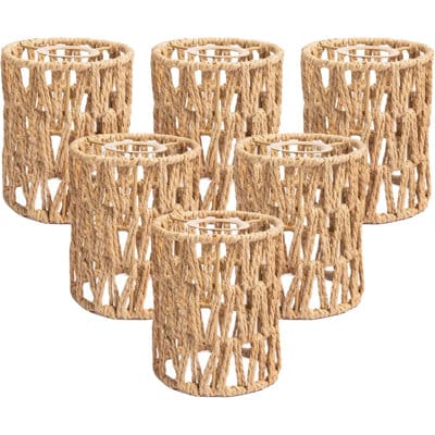 Boho Rattan Lamp Shades 6-Pack, 5X5x6 Inch Natural Woven Cylindrical Shade Replacements For Lamps, Pendants, Sconces