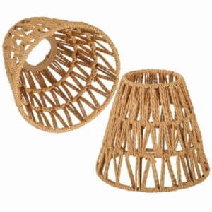 GIXUSIL 2Pcs Natural Woven Rattan Lamp Shade Boho Bell Drum Style Chandelier Cover for Table Floor Lamp and Pendant Light Fixture Brown