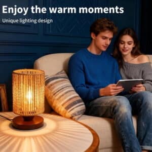 Handmade Rattan Lamp Boho Table Lamp for Bedroom Stepless Dimming Small Woven Lamps for Night Stands with Warm White LED Bulb Coastal Boho Lamp for Living Room Reading Nook Office Desk