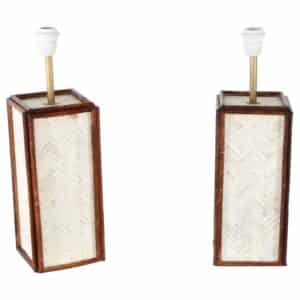 Pair Of Bones Marquetry And Rattan Lamps