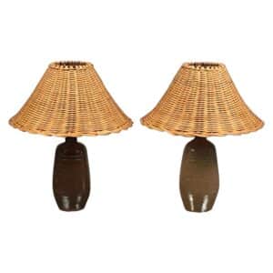 Pair Of Chic "gourde" Terracotta And Rattan Lamps By Design Frères