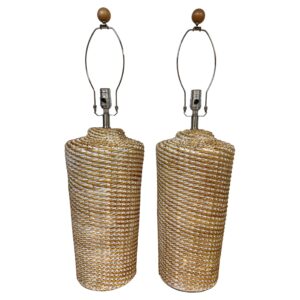 Pair Of Coastal Modern White-polychromed Woven Rattan Lamps