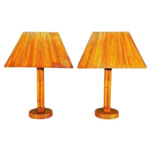 Restored Rattan Lamps With Rare Split Rattan Lamp Shade, Pair