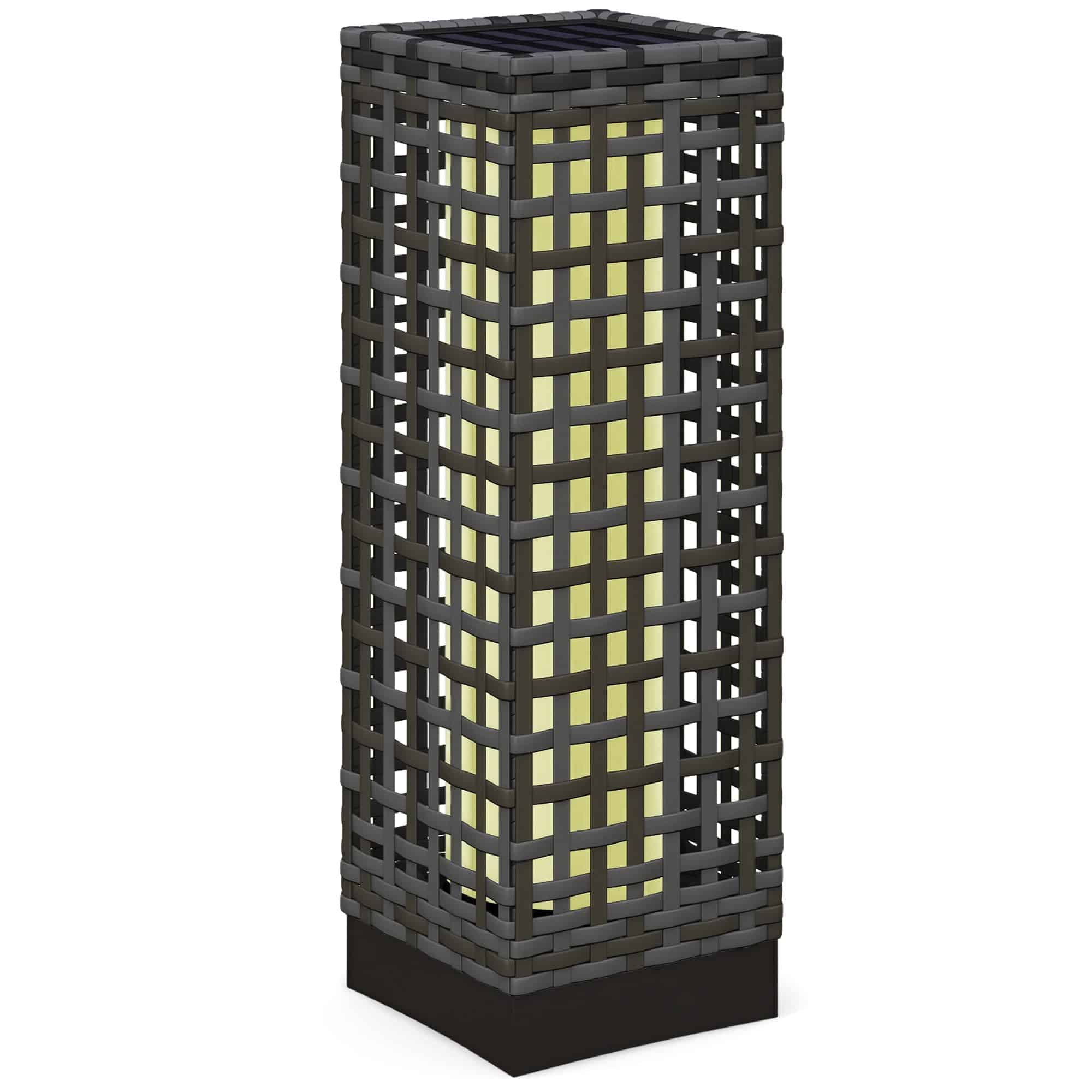 Udendørslampe med solpanel, automatisk tænding, 8 timers driftstid, rottinglook, stål, 15,5 x 15,5 x 46 cm, grå